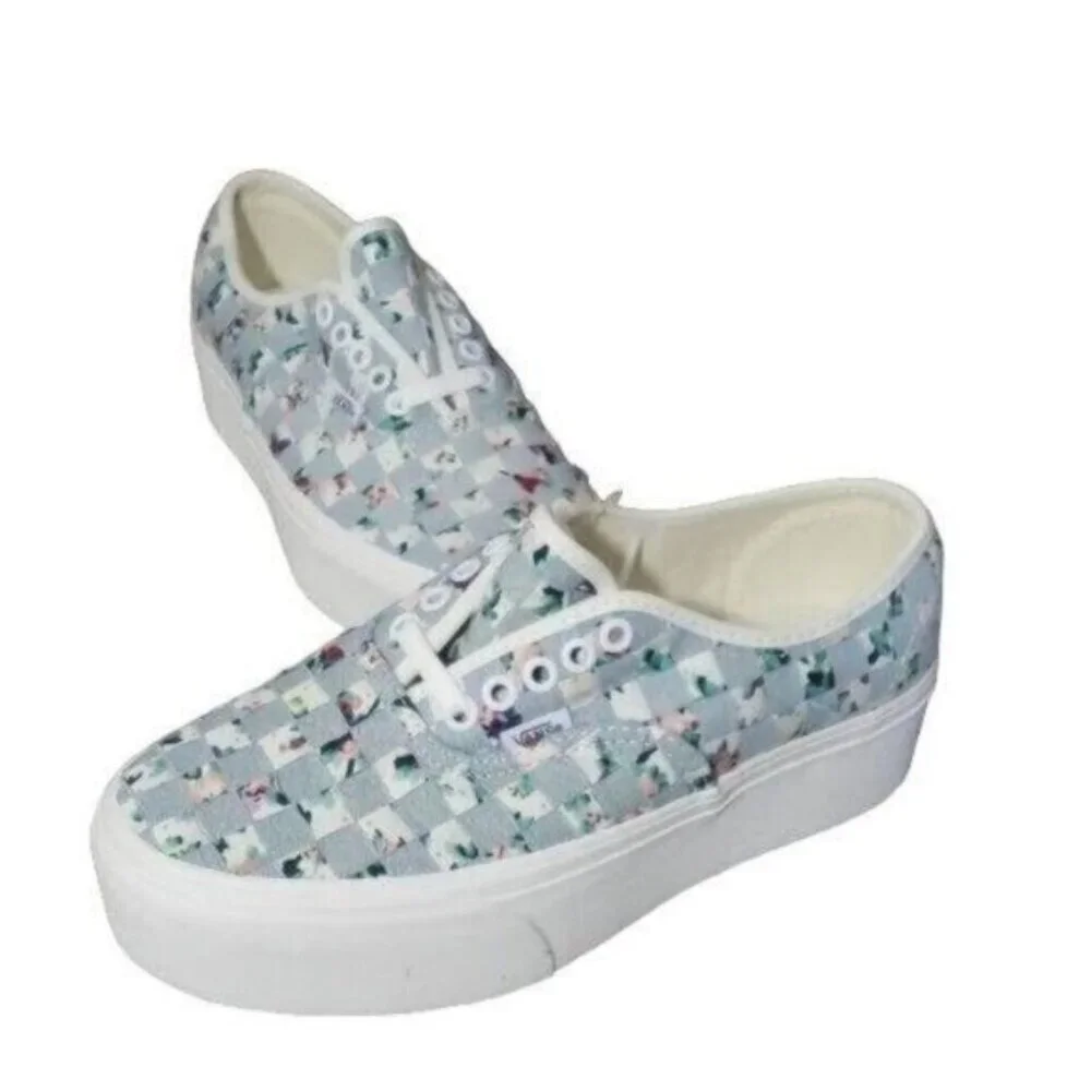 New Vans Authentic Stacked Denim Floral Womens Platform Shoes Size 7 Boho Casual